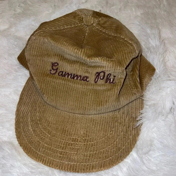 Vintage Gamma Phi Sorority Corduroy Snapback Trucker Hat w/ Leather Detail GPHI - Picture 1 of 5